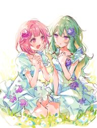 2girls :d aqua_dress arm_between_legs collarbone commentary dress dress_flower eye_contact flower frilled_dress frilled_sleeves frills green_hair hair_between_eyes hair_flower hair_ornament hand_up hands_up highres interlocked_fingers kanon_25ji kusanagi_nene light_blush long_hair looking_at_another low-tied_sidelocks multiple_girls on_grass ootori_emu open_mouth own_hands_clasped own_hands_together parted_lips pink_eyes pink_flower pink_hair project_sekai puffy_short_sleeves puffy_sleeves purple_eyes purple_flower seiza short_hair short_sleeves side-by-side sidelocks sitting smile symbol-only_commentary wavy_hair white_flower