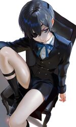 1boy absurdres black_boots black_hair black_jacket black_shorts blue_eyes blue_ribbon boots buttons chair ciel_phantomhive closed_mouth collared_shirt cushion double-breasted eyepatch hair_between_eyes highres jacket knee_boots kuroshitsuji lapels legwear_garter light_smile looking_at_viewer male_focus neck_ribbon on_chair ribbon shirt short_hair short_shorts shorts simple_background solo suit_jacket tei(_te_i_328) thighs white_background white_shirt