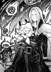 1boy absurdres armor blush boots burning burning_building closed_eyes closed_mouth comet crossover final_fantasy final_fantasy_vii fire floating gen_3_pokemon greyscale happy highres jirachi keiseki1 legendary_pokemon long_hair male_focus meteor meteor_shower monochrome mythical_pokemon night night_sky nintendo open_mouth pauldrons pokemon pokemon_(creature) sephiroth shoulder_armor sitting sky smile star_(sky) star_(symbol)