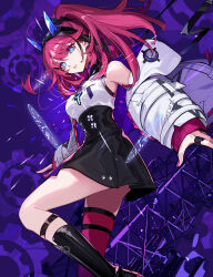 1girl armpit_crease asymmetrical_legwear bare_shoulders black_boots black_hair black_skirt blue_eyes blue_horns boots breasts bright_pupils calflet clock commentary_request detached_sleeves earrings fake_horns gears hair_ornament hairband highres horn_hairband horns jewelry long_hair looking_at_viewer magic_circle meda_(rk_music) mismatched_legwear multicolored_hair parted_lips pink_hair pink_nails pink_thighhighs pokimari purple_background ring rk_music shirt single_thighhigh skirt solo streaked_hair studs thighhighs two-tone_hair virtual_youtuber white_pupils white_shirt white_sleeves zipper zipper_pull_tab