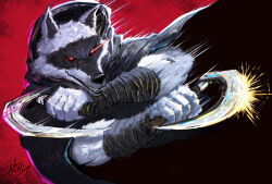 1boy animal_ears black_cloak cloak death death_(puss_in_boots) dual_wielding fangs glowing holding holding_sickle holding_weapon hood hooded_cloak looking_at_viewer noctlim puss_in_boots:_the_last_wish red_eyes sharp_teeth shrek_(series) sickle smile solo teeth twin_blades weapon wolf