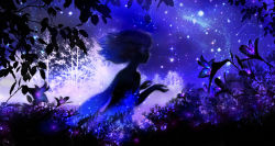 00 1girl backlighting dark fairy_wings fantasy female_focus flower from_behind highres leaf light_particles night night_sky original pointy_ears shooting_star short_hair silhouette sky solo star_(sky) tree wind wings
