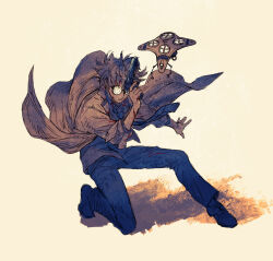 1boy arm_up black_necktie black_pants black_shoes bleeding blood blood_from_forehead blood_on_clothes blood_on_face blood_on_hands brown_hair coat dress_shirt drone facing_to_the_side glasses grey_shirt gun hashibi_rokou highres holding holding_gun holding_weapon injury lab_coat looking_to_the_side loose_necktie male_focus necktie on_one_knee open_clothes open_coat outstretched_arm pants shirt shoes sleeves_rolled_up spyral_quik-fix untucked_shirt weapon white_background white_coat wind yu-gi-oh!