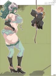 1girl 2boys artist_name ass bleach bleach:_epilogue breasts cleavage curvy green_hair highres huge_ass inminent_sex kon_(bleach) kurosaki_kazui large_breasts maxi multiple_boys nelliel_tu_odelschwanck solo text_focus translation_request underboob watermark
