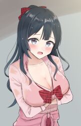 1girl absurdres arms_under_breasts black_hair blush bow bowtie bra bra_visible_through_clothes breasts cardigan cardigan_around_waist cleavage clothes_around_waist collarbone commentary_request double-parted_bangs grey_background grey_eyes gyaru gyarugasaki hair_bow half_updo highres kogal large_breasts long_hair long_sleeves looking_at_viewer love_live! love_live!_nijigasaki_high_school_idol_club official_alternate_costume open_mouth panaham pink_bra pink_cardigan plaid_bow plaid_bowtie plaid_clothes red_bow shirt simple_background solo underwear upper_body wet wet_clothes wet_shirt yuki_setsuna