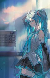 1girl arm_tattoo armpit_peek bare_shoulders black_skirt black_sleeves black_thighhighs blue_eyes blue_hair blue_necktie breasts buttons collared_shirt detached_sleeves elevator frilled_shirt frills glass_wall grey_shirt hair_between_eyes hair_ornament hair_over_shoulder hairclip hatsune_miku highres leaning_back leaning_on_object long_hair looking_ahead looking_to_the_side medium_breasts miniskirt necktie number_tattoo pleated_skirt profile pye_yyy shirt shoulder_tattoo sidelocks signature skirt sleeveless sleeveless_shirt solo striped_clothes striped_skirt striped_sleeves striped_thighhighs tattoo thighhighs thighs twintails twitter_username very_long_hair vocaloid wide_sleeves