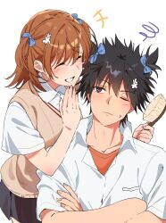 1boy 1girl alternate_hairstyle black_hair blue_bow bow brown_hair brown_sweater_vest closed_eyes collared_shirt commentary crossed_arms english_commentary grey_skirt hair_bow hair_brush hair_ornament hairdressing hairpin harumi61 highres kamijou_touma laughing matching_hairstyle medium_hair miniskirt misaka_mikoto one_eye_closed pleated_skirt school_uniform shirt short_hair short_sleeves skirt spiked_hair summer_uniform sweatdrop sweater_vest toaru_majutsu_no_index tokiwadai_school_uniform two_side_up v-neck white_background white_shirt