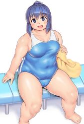 1girl arm_support blue_eyes blue_hair blush breasts cameltoe collarbone commentary_request covered_navel fat fat_step-sister_(orizen) fat_woman foot_out_of_frame hair_between_eyes head_tilt highres holding holding_towel looking_at_viewer medium_breasts medium_hair one-piece_swimsuit open_mouth original orizen ponytail shadow sitting smile solo spread_legs swimsuit tareme thick_arms thick_thighs thighs towel wet white_background