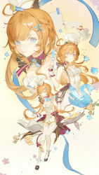 1girl absurdres apron bare_shoulders bird blonde_hair blue_eyes book breasts chef_hat chinese_commentary closed_mouth commentary_request cup escoffier_(genshin_impact) flower fork_hair_ornament full_body genshin_impact gold_trim hair_between_eyes hand_up hat highres holding holding_knife holding_ladle ice_sculpture knife knife_hair_ornament ladle long_hair looking_at_viewer mechanical_tail medium_breasts multiple_views open_book puppygin smile soup_ladle spill star_(symbol) tail tea teacup thighhighs white_apron white_hat white_thighhighs wrist_cuffs yellow_flower