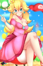 1-up_mushroom 1girl 1up adapted_costume artist_name bare_legs bare_shoulders blonde_hair blue_eyes blue_gemstone blue_sky blush breasts brooch building castle cleavage coin collarbone crossed_legs crown day detached_collar dress earrings female_focus field gem grass grin hat high_heels highres index_finger_raised jewelry knee_up legs lip_biting long_hair looking_at_viewer mario_(series) mushroom neck nintendo off-shoulder_dress off_shoulder outdoors parted_lips path patreon patreon_username pink_dress plant princess_peach puffy_short_sleeves puffy_sleeves pumps rainbowscreen red_gemstone red_hat red_shoes road shoes short_sleeves sitting sky smile solo sparkle super_mushroom tareme tower very_long_hair watermark