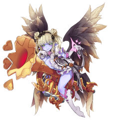 1girl bad_feet black_sclera blonde_hair blue_skin blush breasts character_profile cleavage colored_sclera colored_skin double_bun feathered_wings full_body gloves green_eyes hair_bun instrument kenkou_cross large_breasts long_hair looking_at_viewer monster_girl monster_girl_encyclopedia no_bra official_art open_clothes pointy_ears salpinx_(monster_girl_encyclopedia) simple_background smile solo trumpet wings