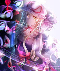 Rule 34 | 2girls, back-to-back, black background, blonde hair, bow, breasts, bug, butterfly, cleavage, commentary request, danmaku, disembodied eye, dress, gap (touhou), gradient background, greek text, grey dress, hat, hat ribbon, insect, long hair, magic circle, mob cap, multiple girls, neck ribbon, pink butterfly, pink hair, puffy short sleeves, puffy sleeves, purple dress, red bow, red butterfly, red eyes, red ribbon, ribbon, saigyouji yuyuko, see-through clothes, see-through sleeves, short hair, short sleeves, touhou, white background, white hat, yakumo yukari, yellow eyes, zukapin