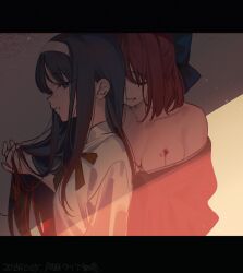 2girls bare_shoulders bite_mark black_hair blood blood_on_breasts blue_bow blue_eyes bow breasts cleavage closed_eyes collarbone dated hair_bow hairband highres japanese_clothes kimono kohaku_(tsukihime) letterboxed light_particles long_hair long_sleeves multicolored_hair multiple_girls neck_ribbon nozawa_noko off_shoulder red_hair red_ribbon ribbon shirt short_hair tohno_akiha tsukihime two-tone_hair white_hairband white_shirt yuri
