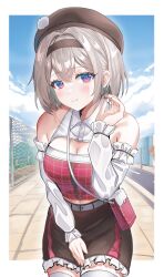 1girl absurdres alternate_hairstyle bag black_hairband black_hat black_shorts blue_pupils blush breasts chain-link_fence cleavage closed_mouth cloud cloudy_sky detached_sleeves devl_ga_aru fence firefly_(honkai:_star_rail) frilled_pants frilled_sleeves frills hair_between_eyes hair_intakes hairband handbag hat highres honkai:_star_rail honkai_(series) long_sleeves multicolored_eyes navel pants road short_hair shorts sky smile thighhighs white_sleeves white_thighhighs