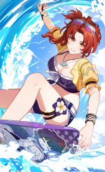 Rule 34 | 1girl, absurdres, blue sky, breasts, bronya zaychik, cleavage, eyewear on head, flower, highres, honkai (series), honkai impact 3rd, jewelry, kiana kaslana, looking at viewer, midriff, murata himeko, navel, necklace, official art, open clothes, open shirt, outdoors, parted lips, raiden mei, red hair, short sleeves, shorts, sky, smile, solo, sunglasses, surfboard, surfing, swimsuit, thigh strap, water, yellow eyes