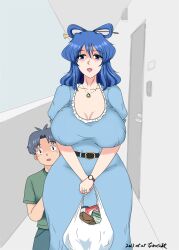 Rule 34 | 1boy, 1girl, blue dress, blue hair, breasts, cleavage, dress, kaku seiga, mother and son, touhou