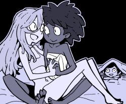 3girls amphibia anne_boonchuy bottomless breasts dark-skinned_female dark_skin dowman_sayman eye_contact feet holding_hands interlocked_fingers interracial long_hair looking_at_another marcy_wu monochrome multiple_girls naked_towel sasha_waybright short_hair small_breasts smile towel under_covers yuri