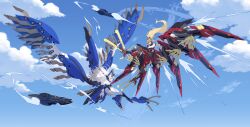 2girls absurdres armored_boots artery_gear artery_gear:_fusion bare_shoulders blonde_hair blue_eyes bodice boots breasts claw_(weapon) cloud cloudy_sky drone fighting flying full_body griffin_(starward) highres large_breasts long_hair mecha_musume mechanical_legs mechanical_wings medium_breasts milvus_(artery_gear) multiple_girls open_mouth ponytail purple_eyes skin_tight sky smile starward weapon wings zhu_fun