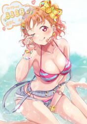 1girl ;) ahoge bare_shoulders barefoot bikini blue_bikini blue_nails bow braid breasts buttons character_name cleavage closed_mouth clothes_writing collarbone colored_speech_bubble commentary double-breasted grey_shorts hair_bow highres iroenpitsu_xxx knees_out_of_frame large_breasts looking_at_viewer love_live! love_live!_school_idol_festival_all_stars love_live!_sunshine!! milestone_celebration multicolored_bikini no_shirt official_alternate_costume one_eye_closed open_fly orange_hair pink_bikini short_shorts shorts side_braid sitting smile solo speech_bubble striped_bikini striped_clothes swimsuit symbol-only_commentary takami_chika takami_chika_(a_chika-tastic_summer) teeth translation_request two-tone_bikini upper_teeth_only wariza yellow_bow