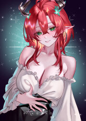 1girl absurdres alternate_hair_length alternate_hairstyle artist_name bare_shoulders blush breasts ciaccona_(wuthering_waves) cleavage collarbone commentary fingernails green_eyes hair_between_eyes hand_on_own_stomach highres large_breasts long_hair looking_at_viewer mole mole_under_eye off-shoulder_shirt off_shoulder parted_lips pointy_ears red_hair ringeko-chan shirt smile solo tree_horns upper_body white_shirt wuthering_waves