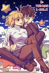 Rule 34 | 1boy, 1girl, :d, ahoge, arcueid brunestud, black hair, black pantyhose, black shoes, blonde hair, blush, cloud, cloudy sky, couple, fang, floating hair, highres, holding hands, isurugiratone, jewelry, looking at another, necklace, night, night sky, open mouth, pantyhose, red eyes, school uniform, shoes, short hair, sitting, sitting on person, sky, smile, souya high school uniform, star (sky), sweater, tohno shiki, tsukihime, tsukihime (remake), turtleneck, turtleneck sweater
