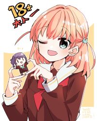 1girl :d ;d border brown_dress cerise_bouquet character_age character_doll commentary_request doll dress hair_bun hair_intakes hair_ornament hasu_no_sora_school_uniform highres hinoshita_kaho holding holding_doll kanduki_kamibukuro link!_like!_love_live! long_hair long_sleeves looking_at_viewer love_live! medium_hair neckerchief notice_lines one_eye_closed open_mouth orange_hair otomune_kozue outside_border rabbit_hair_ornament red_neckerchief sailor_collar sailor_dress school_uniform side_ponytail sidelocks simple_background single_side_bun smile solo two_side_up virtual_youtuber white_border white_sailor_collar winter_uniform yellow_background |_|