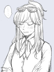 1girl ace_attorney annoyed bow bowtie ema_skye glasses long_hair monochrome solo solo_focus tonboganai vest