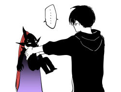 ... 1boy 8mo10 black_hair black_hoodie chibi hair_between_eyes holding hood hood_down hoodie igris_(solo_leveling) knight male_focus short_hair simple_background solo_leveling sung_jin-woo sweatdrop white_background