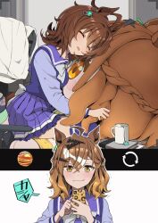 2girls agnes_tachyon_(umamusume) ahoge animal_ears animal_print back_bow blush bow bowtie brown_hair brown_tail character_doll closed_eyes closed_mouth coat coffee_mug commentary_request crossed_bangs cup doqute_stuffed_doll drooling ear_ornament fake_phone_screenshot fake_screenshot hair_ornament highres holding holding_phone horse_ears horse_girl horse_tail horseshoe_ornament hugging_doll hugging_object indoors jungle_pocket_(umamusume) lab_coat leopard_print long_sleeves medium_hair mouth_drool mug multiple_girls my_sweet_megane notched_ear phone pleated_skirt purple_serafuku purple_shirt purple_skirt purple_thighhighs raised_inner_eyebrows sailor_collar sailor_shirt school_uniform serafuku shirt short_hair skirt sleeping sound_effects stuffed_toy tail taking_picture thighhighs tracen_school_uniform trembling umamusume unworn_coat wavy_mouth white_bow white_bowtie winter_uniform wolf_cut yellow_eyes zettai_ryouiki