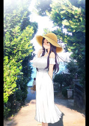 Rule 34 | 1girl, arm at side, arm up, arms behind back, bare shoulders, blush, breasts, closed mouth, day, dress, feet out of frame, hat, highres, large breasts, legs, long hair, looking away, miito shido, ocean, original, outdoors, purple hair, sidelocks, sky, standing, straw hat, thighs, tree, water, white dress, yellow eyes