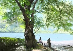 1boy 1girl bench blue_sky bush commentary_request day korean_commentary lake original painting_(medium) plant scenery shore sky slow_d traditional_media tree water