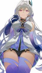 1girl absurdres breasts dress genshin_impact grey_hair hair_ornament hiemal_(winter_crow) highres long_hair looking_at_viewer red_eyes simple_background skirk_(genshin_impact) solo very_long_hair white_background
