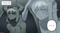 ... 1boy 1girl artist_name blush breasts brown_hair cleavage closed_eyes colored_skin commentary demon_girl demon_horns demon_tail demon_wings dress english_commentary expressionless gargoyle gomulgong grey_hair grey_skin highres horns indoors large_breasts monster_girl original pedestal pointy_ears solo_focus spoken_ellipsis sweat tail twitter_username v-shaped_eyebrows white_dress wings