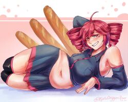 1girl armpits baguette bread breasts curvy drill_hair epicoxygenuser fat fat_rolls fatass_teto_(meme) food fruit highres kasane_teto large_breasts lying meme midriff navel on_side pear plump red_eyes red_hair skirt sleeveless thick_thighs thighhighs thighs twin_drills vocaloid wide_hips