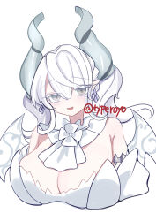 Rule 34 | 1girl, absurdres, bare shoulders, breasts, demon girl, demon horns, demon wings, dress, drill hair, duel monster, earrings, grey eyes, grey hair, highres, horns, jewelry, large breasts, lovely labrynth of the silver castle, pointy ears, royo21294110, simple background, solo, strapless, strapless dress, twin drills, upper body, white dress, white wings, wings, yu-gi-oh!