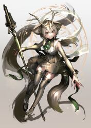 Rule 34 | 1girl, absurdres, animal ears, animal request, check copyright, copyright request, elbow gloves, fingernails, full body, gloves, highres, holding, holding staff, horns, kilye kairi, long fingernails, original, skirt, staff, tail, thighhighs