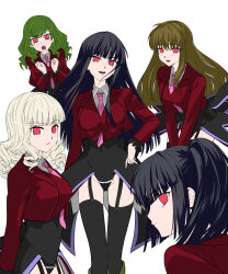 5girls belphegor_(umineko) black_hair blonde_hair brown_hair closed_mouth green_hair highres ittemiyoyo jacket leviathan_(umineko) long_hair looking_at_viewer lucifer_(umineko) mammon_(umineko) multiple_girls necktie open_mouth pink_necktie red_eyes red_jacket satan_(umineko) serious siblings simple_background sisters smile teeth umineko_no_naku_koro_ni upper_teeth_only white_background