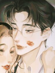 Rule 34 | 1boy, 1girl, black hair, black hairband, brown eyes, brown hair, close-up, collared shirt, commentary, eyelashes, glasses, hairband, highres, hug, light smile, lipstick mark, lipstick mark on face, nnaramonn, original, parted lips, shirt, short hair, symbol-only commentary