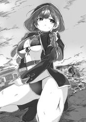 1girl absurdres ahoge bikini boots braid breasts capelet commentary_request dyson_(edaokunnsaikouya) front-tie_bikini_top front-tie_top greyscale gun highres hood hood_up hooded_capelet kantai_collection large_breasts monochrome ocean outdoors shinshuu_maru_(kancolle) solo swimsuit twin_braids weapon