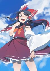 Rule 34 | 1girl, absurdres, bare shoulders, black eyes, black hair, blue sky, bow, bright pupils, cloud, detached sleeves, hair tubes, hakurei reimu, highres, long hair, open mouth, red bow, red shirt, red skirt, shi chimi, shirt, skirt, sky, solo, sweat, teeth, touhou, upper teeth only, white pupils