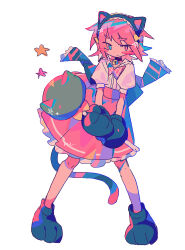 1boy absurdres animal_ear_hairband animal_ears bell black_choker black_shoes blue_eyes blush_stickers bow bowtie bright_pupils cat_ears cat_tail choker closed_mouth commentary_request fake_animal_ears frilled_skirt frills full_body hairband heterochromia highres holding holding_wand male_focus medium_hair neck_bell no_sclera original paw_shoes pink_bow pink_bowtie pink_eyes pink_hair pink_skirt puffy_short_sleeves puffy_sleeves raito-kun_(uenomigi) shirt shoes short_sleeves simple_background skirt solo star_(symbol) tail trap uenomigi wand white_background white_pupils white_shirt