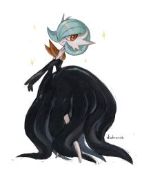 alternate_color artist_name black_dress black_gloves blue_hair bob_cut dietranch dress elbow_gloves gardevoir gen_3_pokemon gloves hair_over_one_eye highres mega_gardevoir mega_pokemon nintendo orange_eyes pokemon pokemon_(creature) shiny_pokemon simple_background smile sparkle white_background