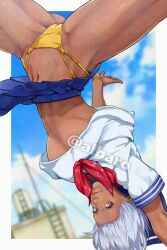 1girl albaro artist_name ascot blue_eyes blue_skirt border breasts cameltoe capcom cloud cosplay dark-skinned_female dark_skin day elena_(street_fighter) female_focus handstand kasugano_sakura kasugano_sakura_(cosplay) looking_at_viewer navel outdoors paid_reward_available panties pleated_skirt red_ascot school_uniform serafuku shirt skirt sky solo spread_legs street_fighter street_fighter_iii_(series) thighs thong underboob underwear upside-down watermark white_hair white_serafuku white_shirt yellow_panties