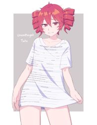 1girl arm_at_side border character_name collarbone colored_eyelashes commentary cowboy_shot drill_hair english_commentary english_text grey_background grey_hair hair_between_eyes highres job_application_form_(meme) kasane_teto looking_at_viewer meme nat_(coconat003) no_pants open_mouth outside_border print_shirt pulling_own_clothes red_eyes red_hair shirt short_hair simple_background small_sweatdrop solo standing twin_drills utau variant_set white_border white_shirt