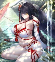 1girl absurdres bikini black_hair black_wings blunt_bangs blush bombergirl bombergirl573 breasts cleavage commentary_request day detached_sleeves expressionless feathered_wings feet_out_of_frame hair_between_eyes hair_over_one_eye head_wings highres karasuba_hiiro large_breasts long_hair looking_at_viewer navel official_art oil-paper_umbrella outdoors pink_umbrella plump ribbon-trimmed_bikini ribbon_trim river sitting solo swimsuit umbrella very_long_hair water white_bikini white_sleeves wings yellow_eyes