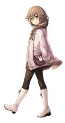 1girl akatsuki_no_kiseki arms_behind_back black_pantyhose boots braid braided_ponytail brown_hair brown_skirt closed_mouth coat eiyuu_densetsu from_side green_eyes grey_coat hair_between_eyes hair_ornament hair_over_shoulder highres jpeg_artifacts long_hair long_sleeves looking_at_viewer miniskirt official_art open_clothes open_coat pantyhose pleated_skirt sen_no_kiseki_(series) sen_no_kiseki_i simple_background single_braid skirt smile solo tachi-e third-party_source towa_herschel walking white_background white_boots x_hair_ornament