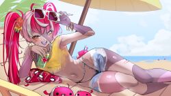 1girl :d absurdres armpits bandaid bandaid_on_cheek bandaid_on_face bandaid_on_thigh bangle beach beach_umbrella blue_sky bodypaint bracelet brazilian_miku brazilian_miku_(cosplay) can cloud commentary cosplay day earrings english_commentary eyewear_lift fang feet_out_of_frame flower hair_flower hair_ornament hatsune_miku heterochromia highres holding holding_can hololive hololive_indonesia hoop_earrings jewelry kghazir kureiji_ollie long_hair lying multicolored_hair navel navel_piercing nude on_side open_mouth outdoors painted_clothes patchwork_skin piercing pink_hair red_hair sky smile solo stitches stomach streaked_hair sunglasses teeth twintails umbrella upper_teeth_only virtual_youtuber vocaloid white-framed_eyewear white_hair