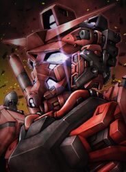 absurdres commentary_request debris embers glowing glowing_eyes gundam gundam_gquuuuuux highres mecha mecha_focus mobile_suit no_humans portrait purple_eyes red_gundam robot science_fiction solo v-fin yatta070622