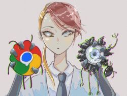 Rule 34 | 1other, androgynous, arm up, blonde hair, blue eyes, brown eyes, collared shirt, creature, crossover, eyelashes, glint, gloves, google chrome, grabbing, grey gloves, grey jacket, grey necktie, hair over one eye, hands up, highres, houseki no kuni, jacket, kongou&#039;s brother (houseki no kuni), long hair, multicolored hair, necktie, nukumorineko, one-eyed, other focus, red hair, rutile (houseki no kuni), shirt, sideways glance, simple background, split-color hair, swept bangs, tearing up, two-tone hair, upper body, white shirt