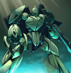 antennae beam_rifle commentary energy_gun fog glowing gun gundam highres holding holding_gun holding_weapon light_rays looking_at_viewer mecha mecha_focus niiyan robot science_fiction solo sunbeam sunlight turn_a_gundam turn_x weapon yellow_eyes